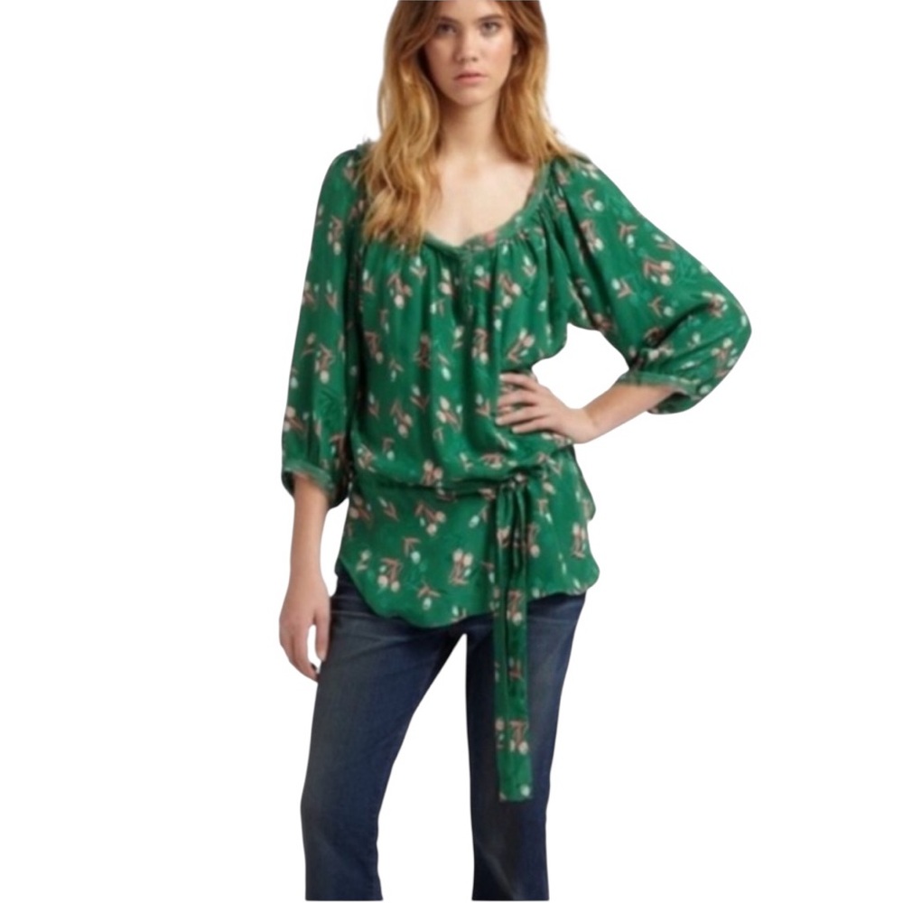 Rebecca Taylor Silk Green Pink Floral Tunic Blouse Top 2